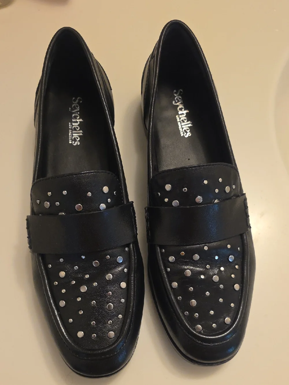 Seychelles Black Studded Leather Penny Loafers - Picture 1 of 8